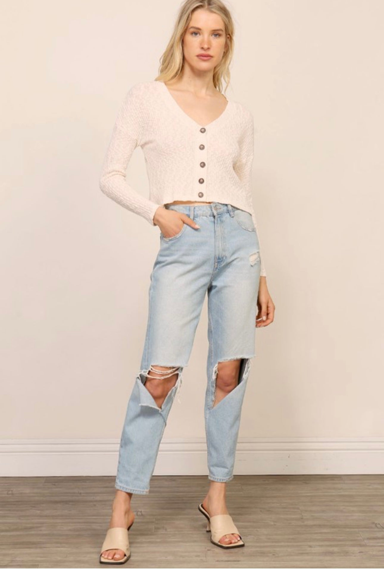 Button Front Waffle Ribbed Top