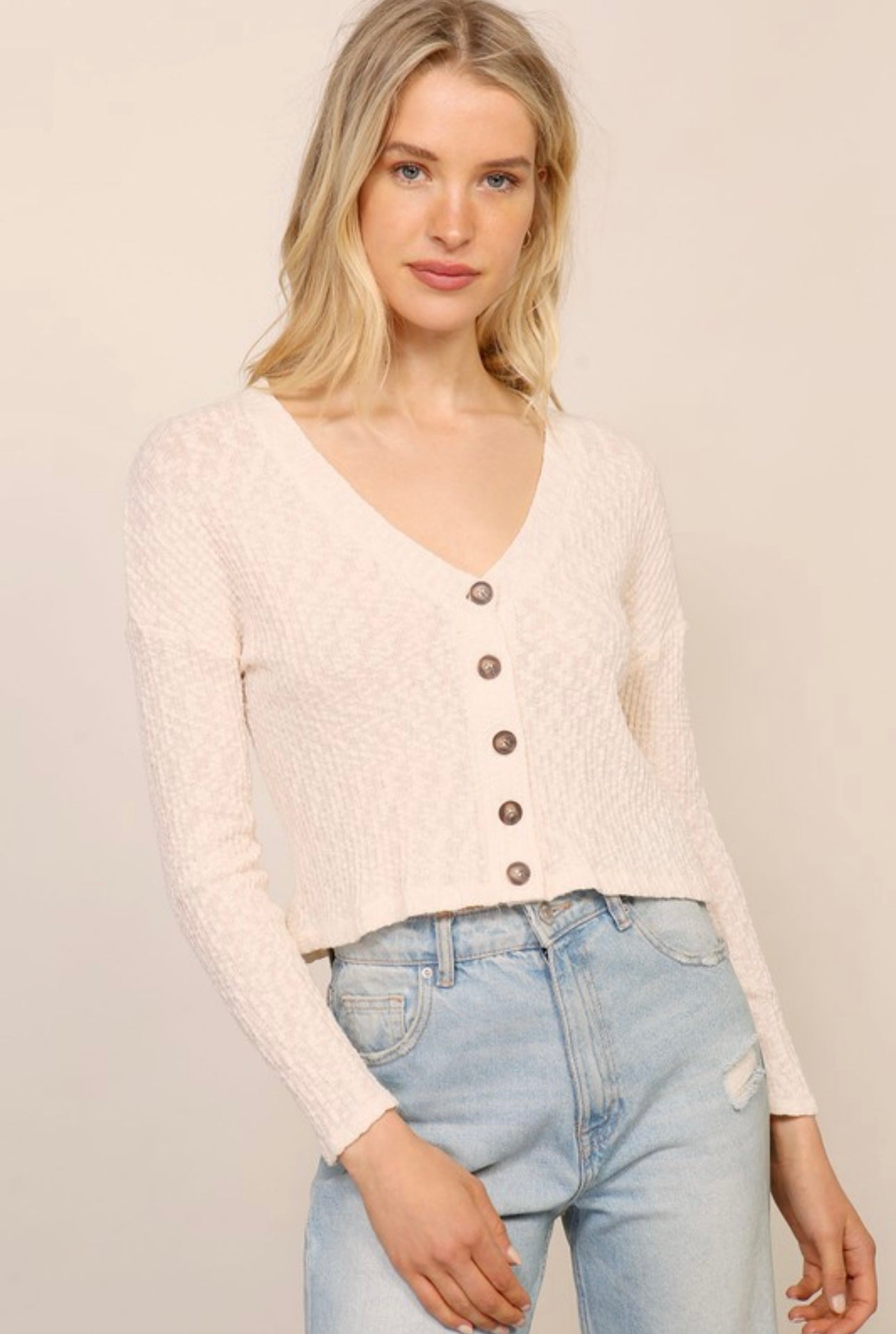 Button Front Waffle Ribbed Top