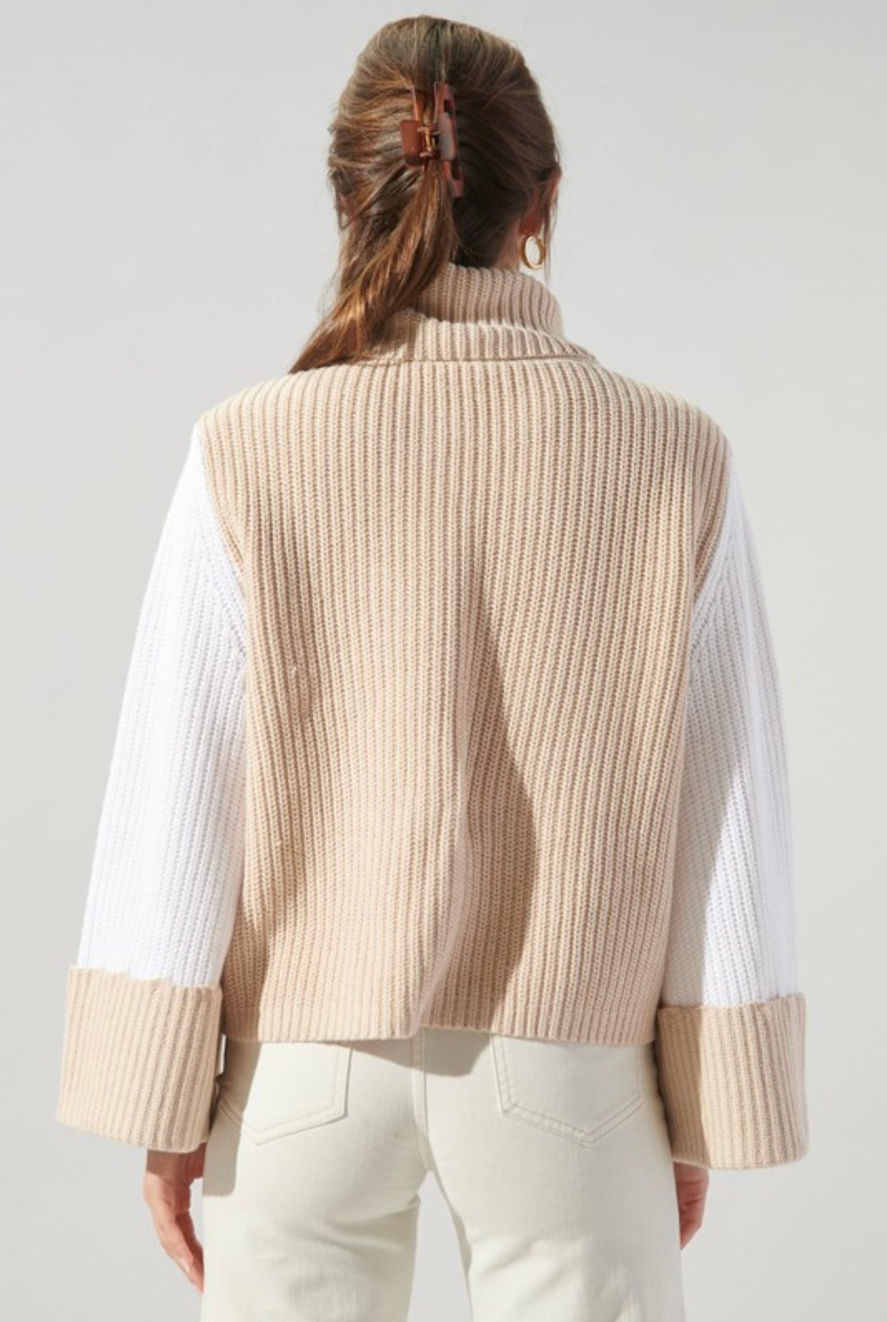 Bell Sleeve Two-Tone Turtle Neck Sweater