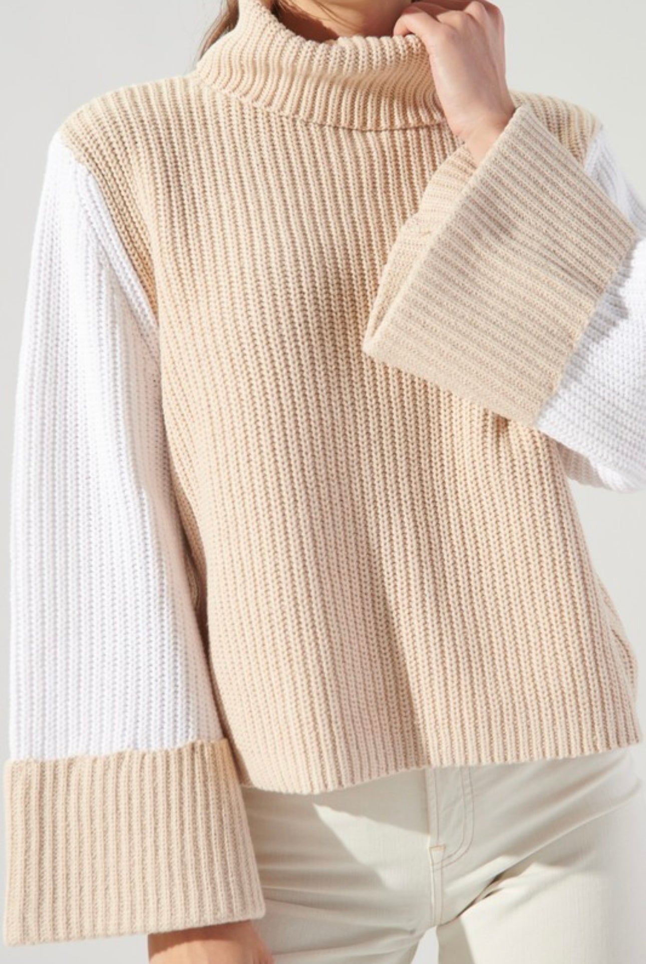 Bell Sleeve Two-Tone Turtle Neck Sweater