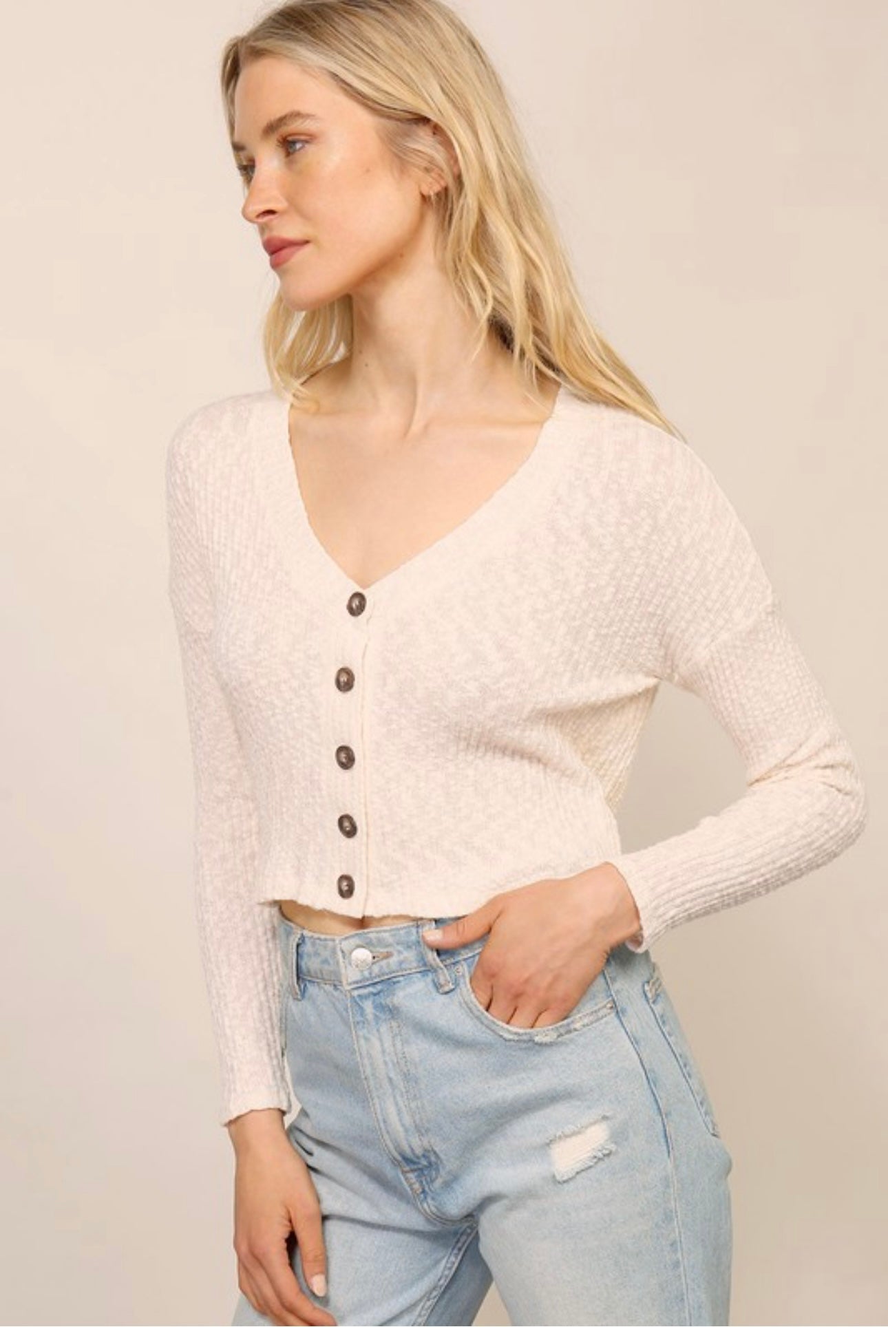Button Front Waffle Ribbed Top