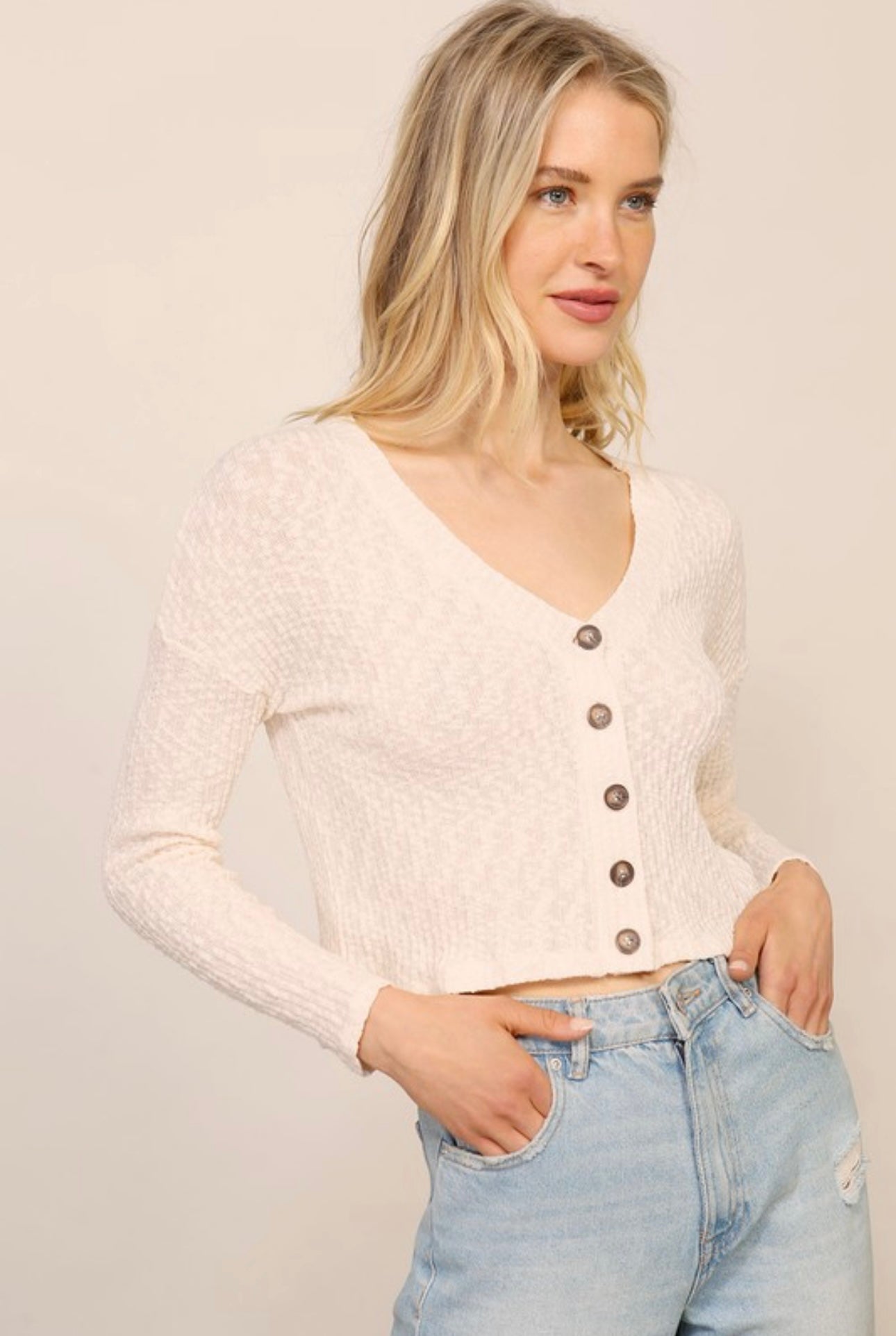 Button Front Waffle Ribbed Top