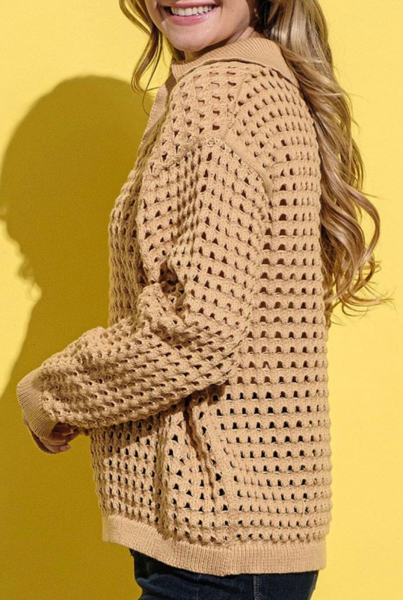 V Neck Polo Collar Open Knit Sweater