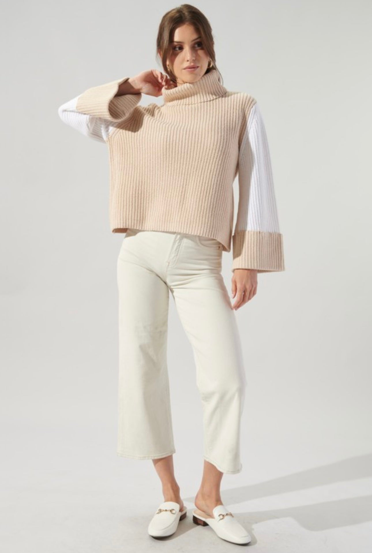 Bell Sleeve Two-Tone Turtle Neck Sweater