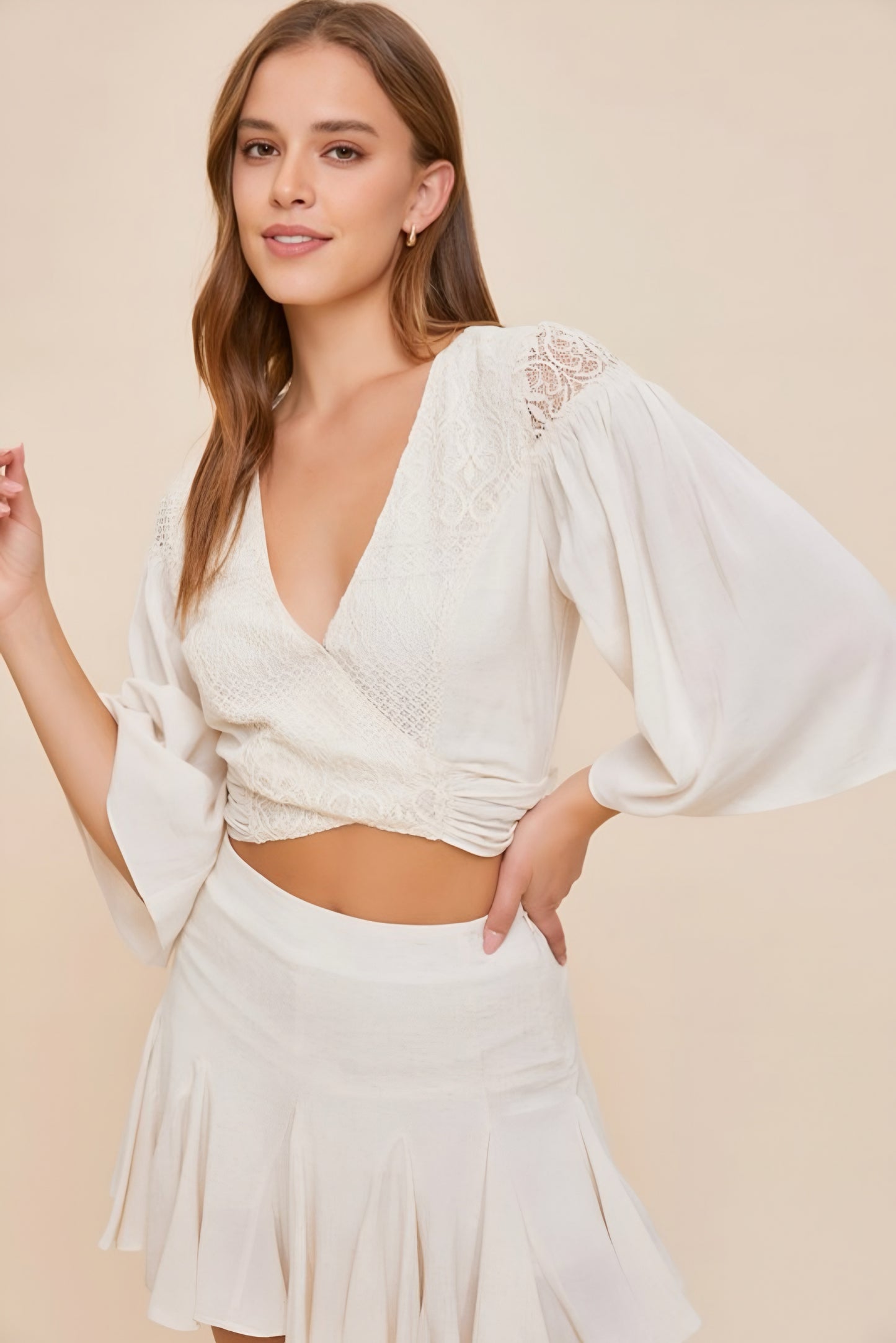 Lace Wrap Crop Flowy Sleeve Top