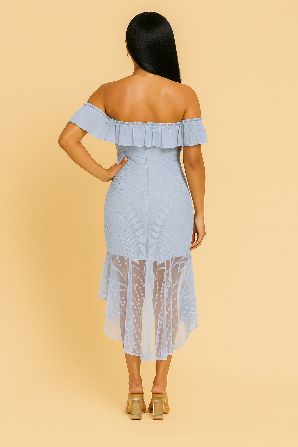Lace Off-the-Shoulder Ruffled Bodycon Dress