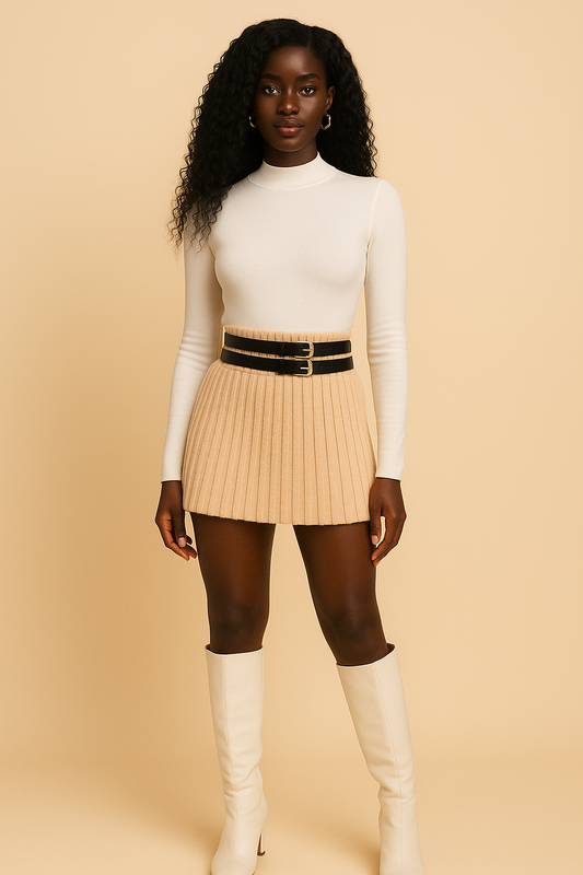 Double Belt Pleated Mini Sweater Skirt