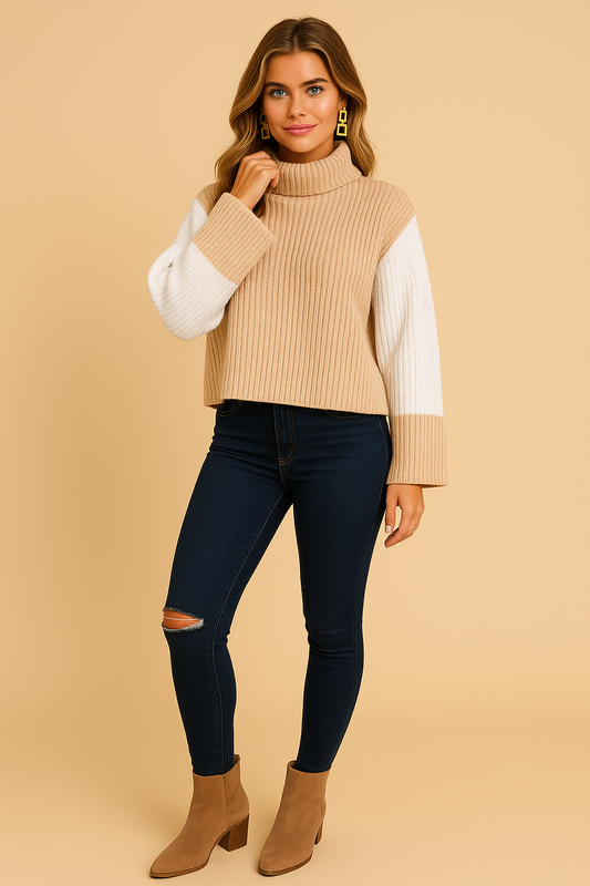Bell Sleeve Two-Tone Turtle Neck Sweater