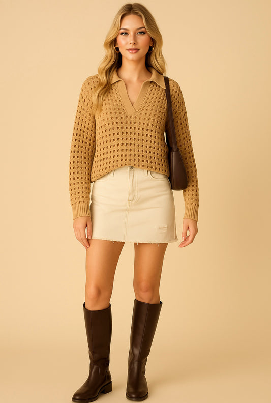 V Neck Polo Collar Open Knit Sweater