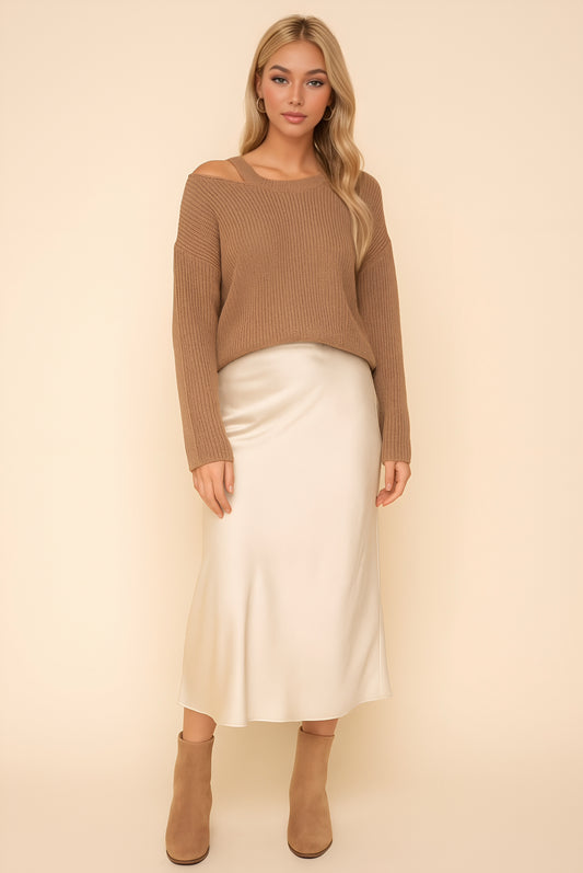 Single Cut Shoulder Ribbed Sweater