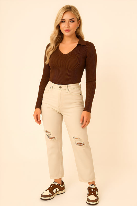 Collared Crop Ribbed Long Sleeve V Neck