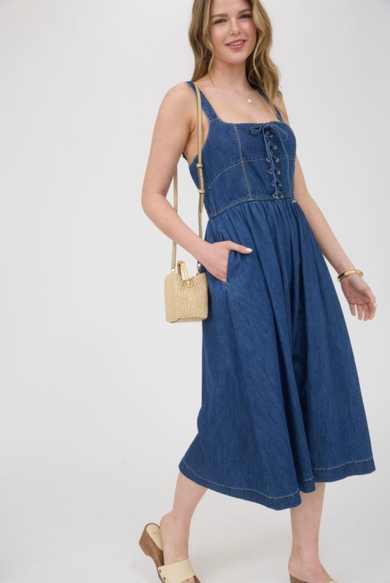Denim Laced Bodice Maxi Dress