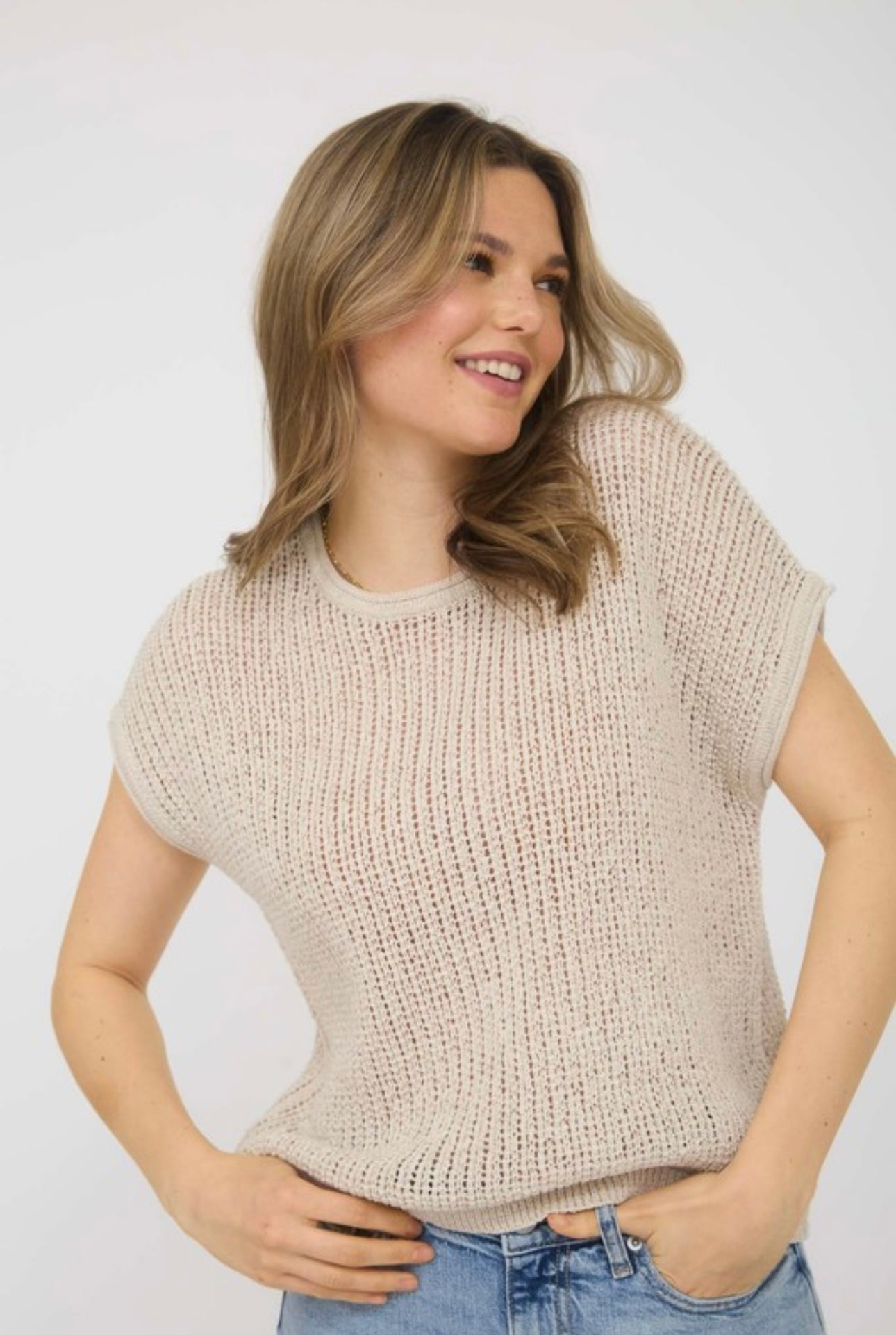 Beach Open Knit Shirt Sleeve Sweater