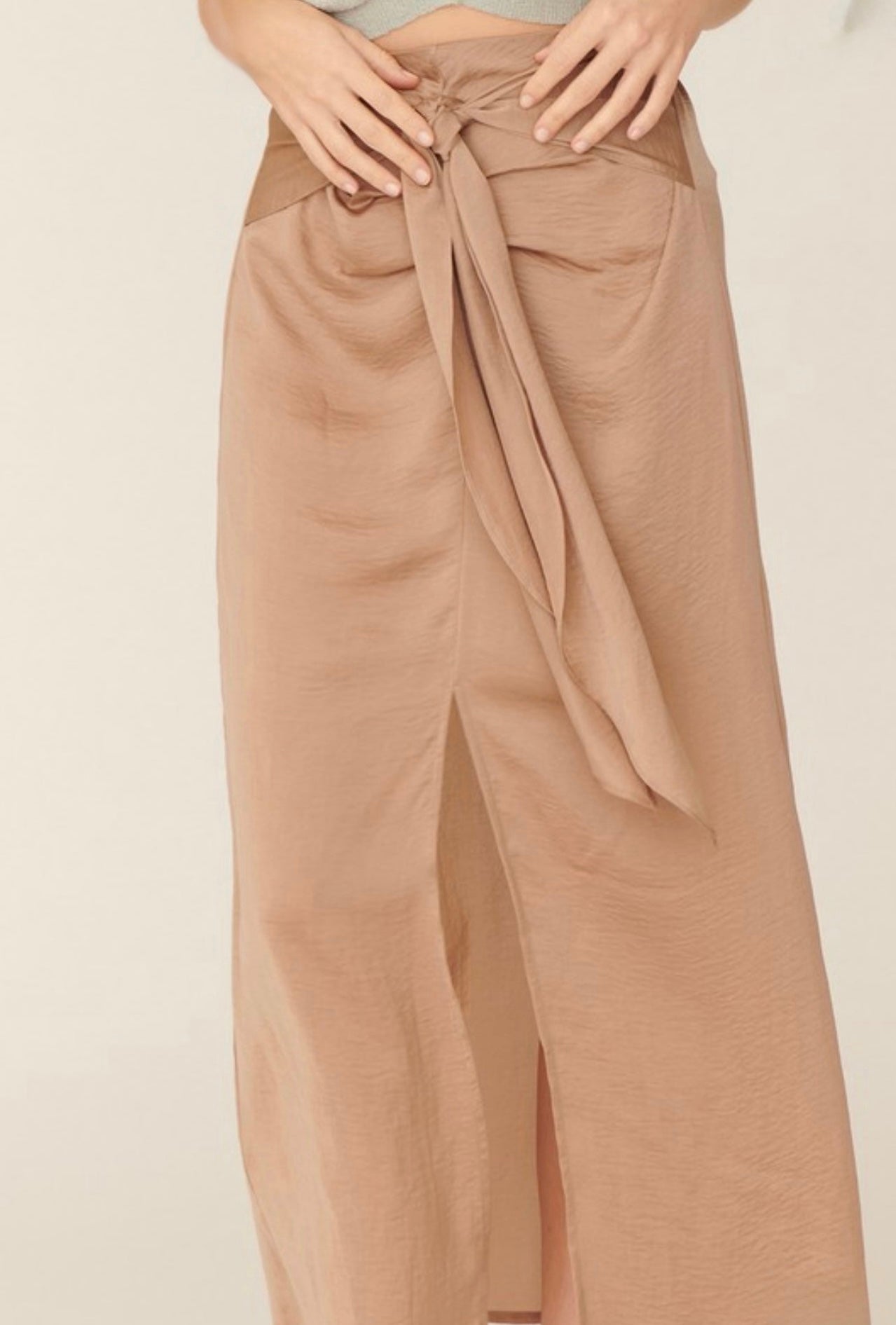 Satin Front Tie Midi Skirt