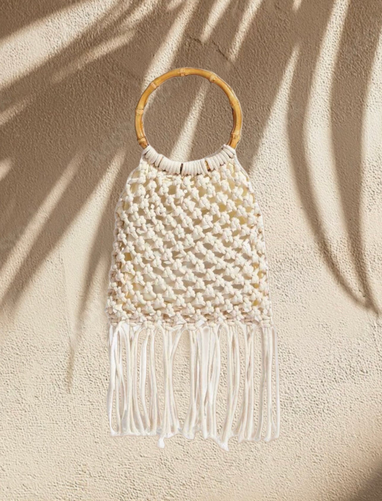 White Bamboo Handle Mini Crochet Fringe Handbag