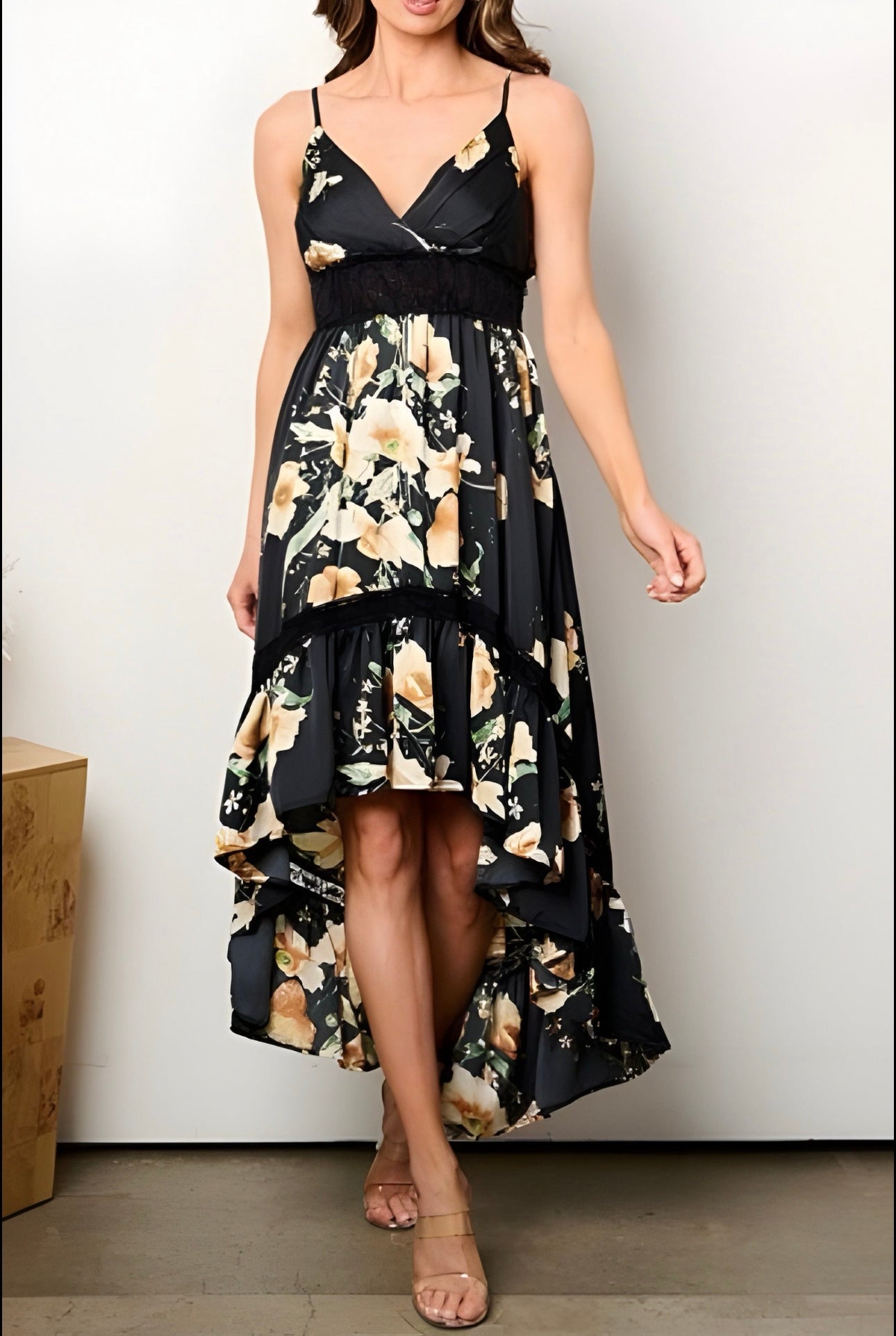 Ruffled High-low Black Floral Dress