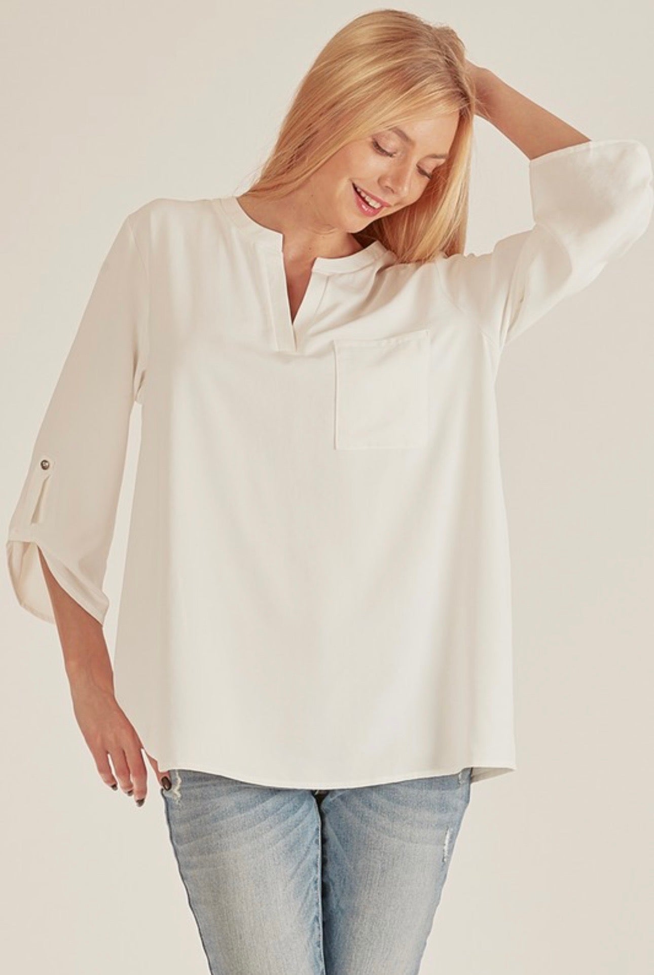 3/4 Sleeve Flowy Pocket Blouse