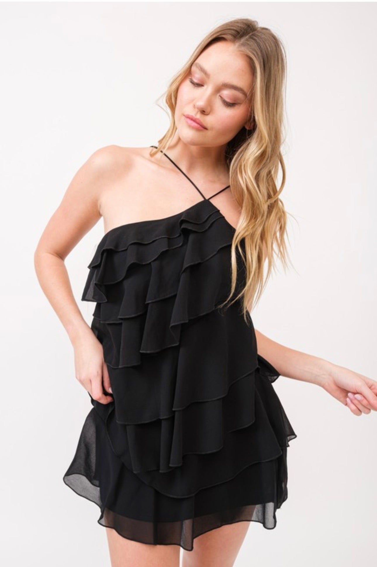 Ruffle Layer Asymmetric Halter Dress