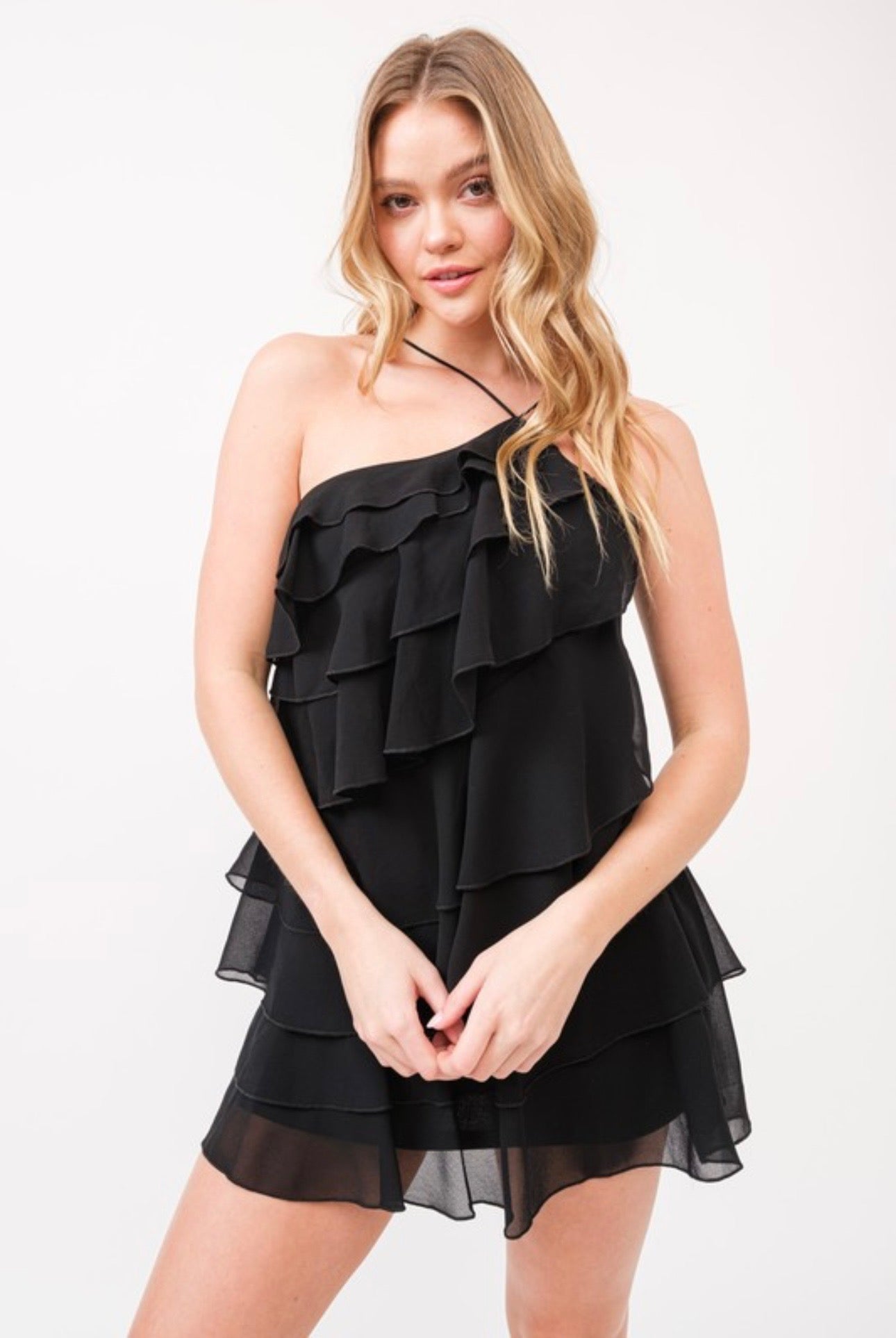 Ruffle Layer Asymmetric Halter Dress