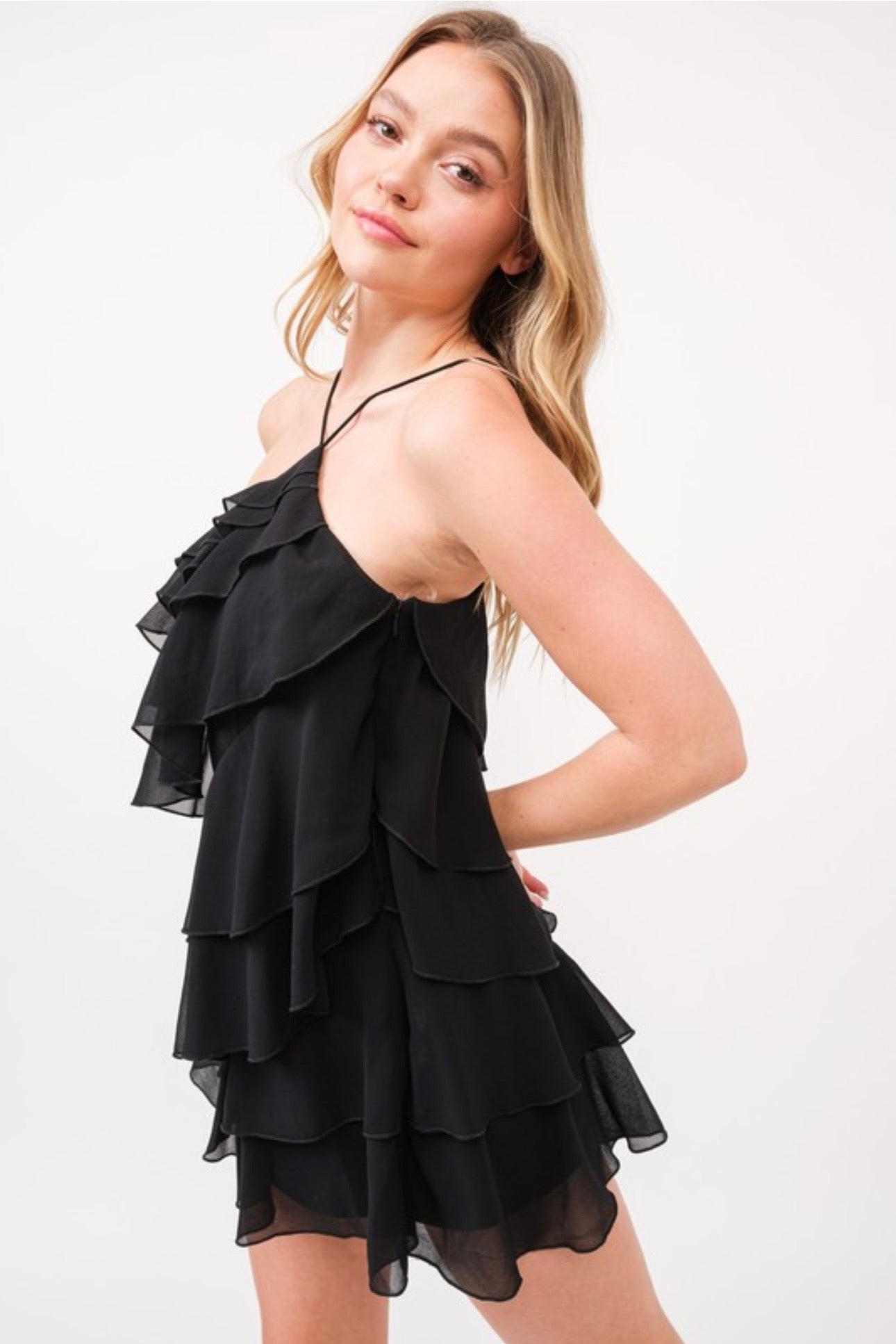 Ruffle Layer Asymmetric Halter Dress
