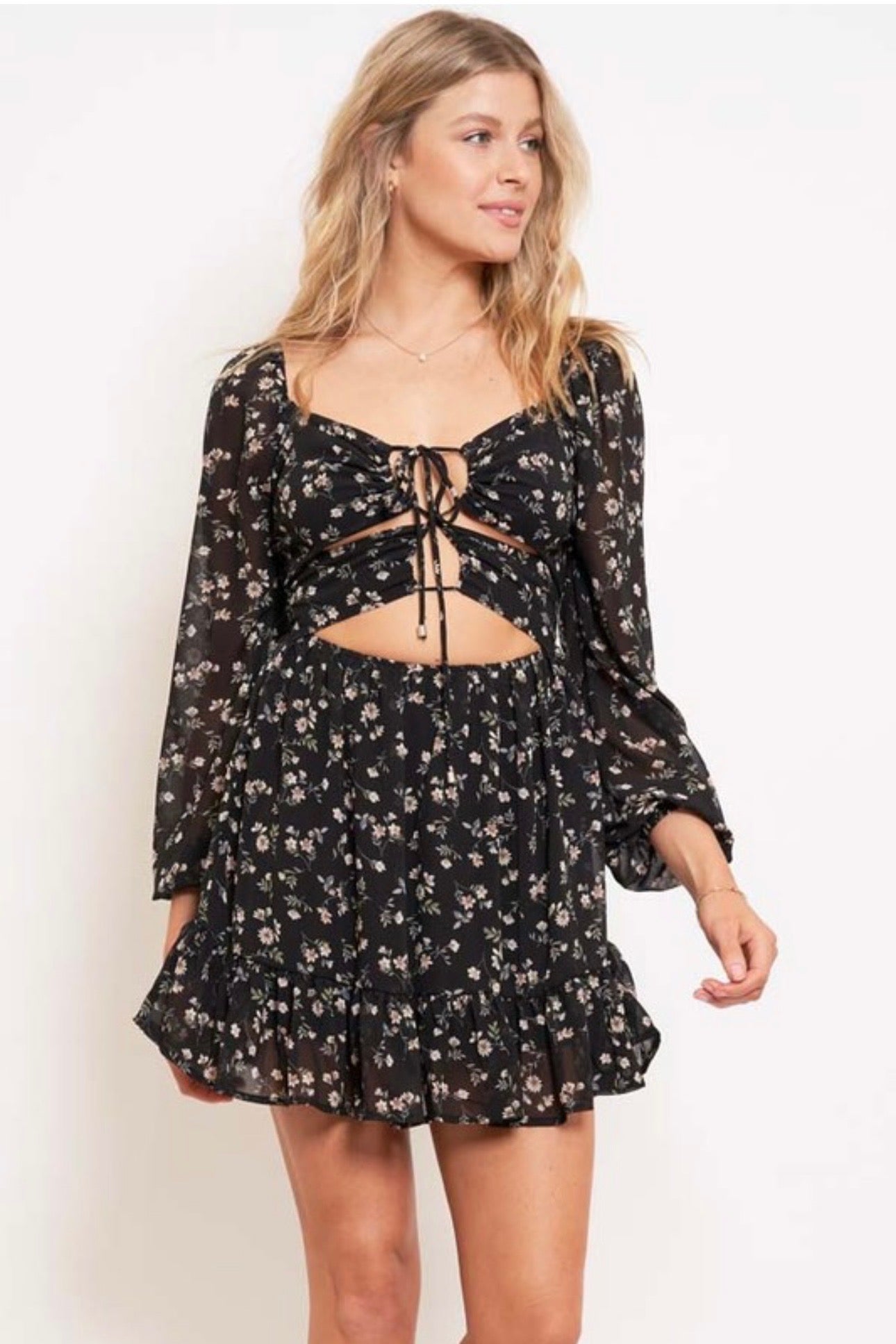 Black Floral Open Tie Front Long-sleeve mini