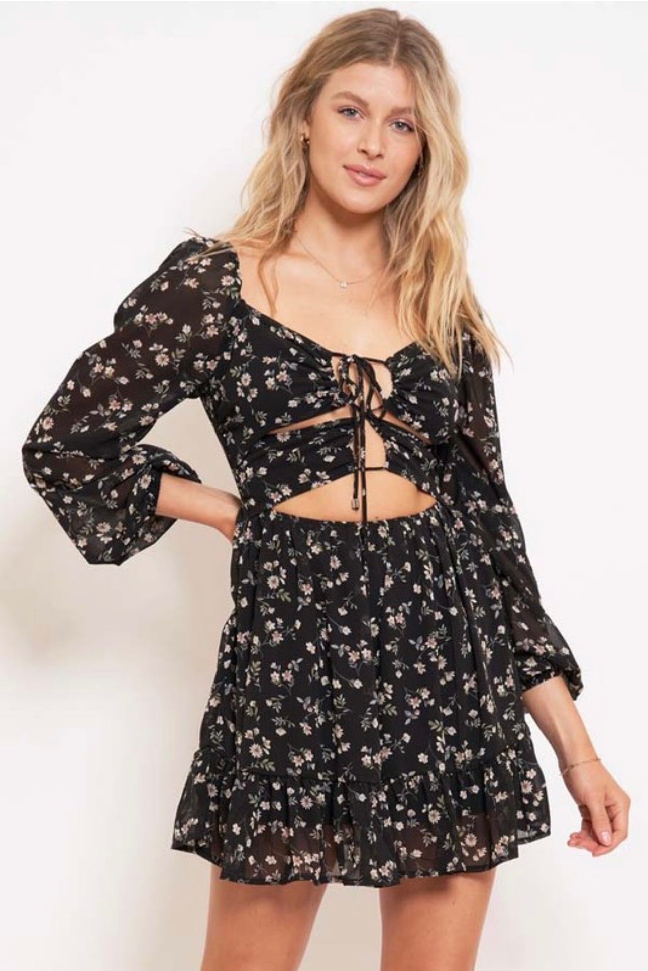 Black Floral Open Tie Front Long-sleeve mini
