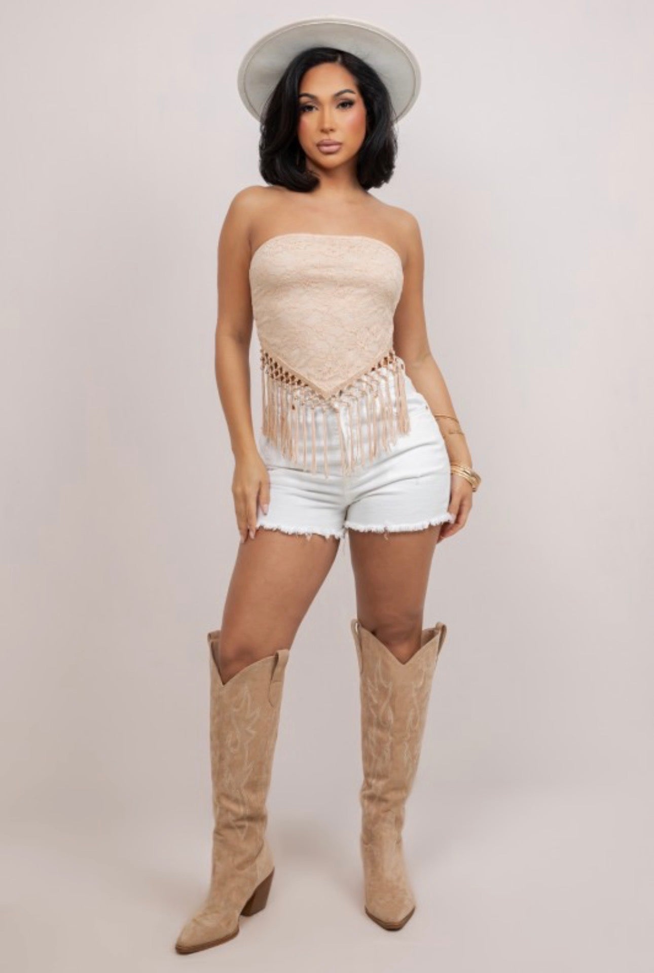 Taupe Tie Back Strapless Tassel Top