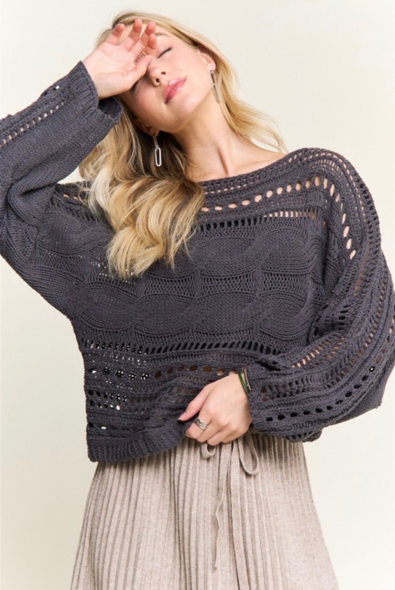 Cable Knit Openwork Long Sleeve Sweater