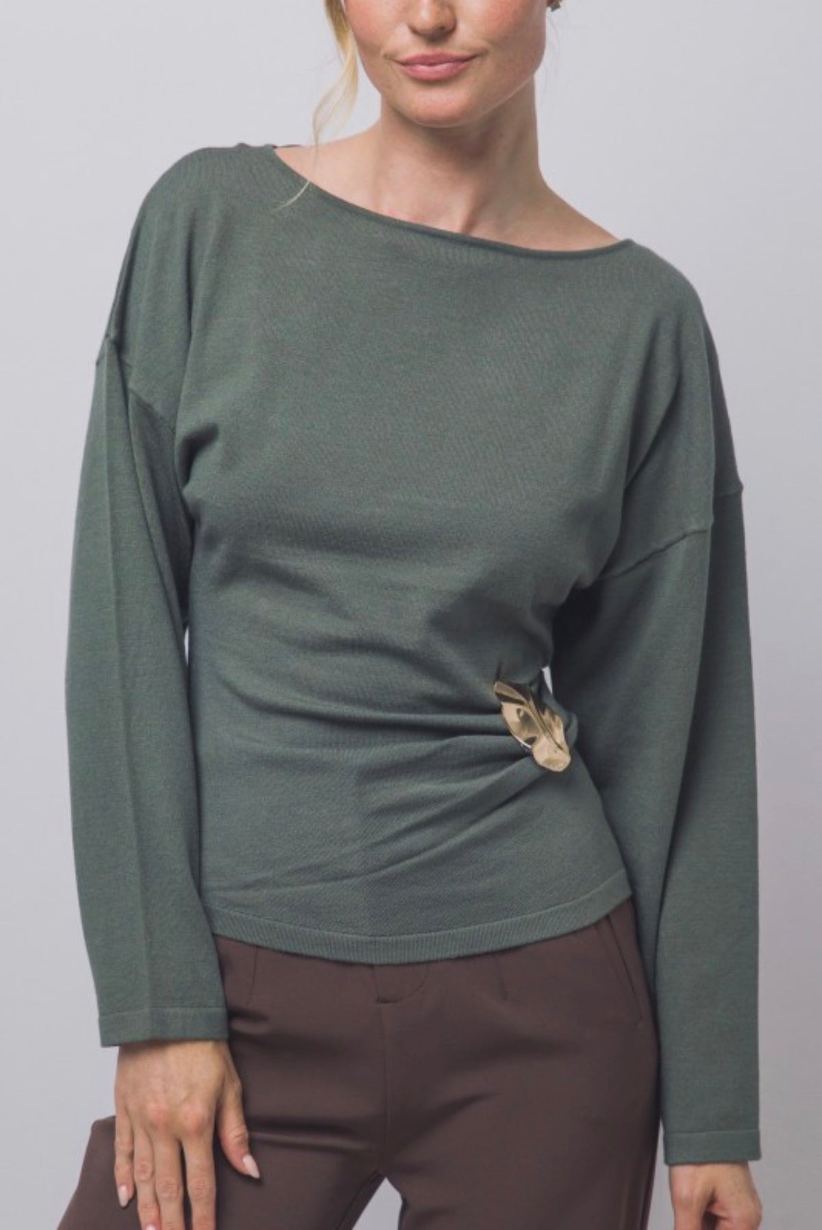 Boat Neck Long Sleeve Ruched with Gold Accent