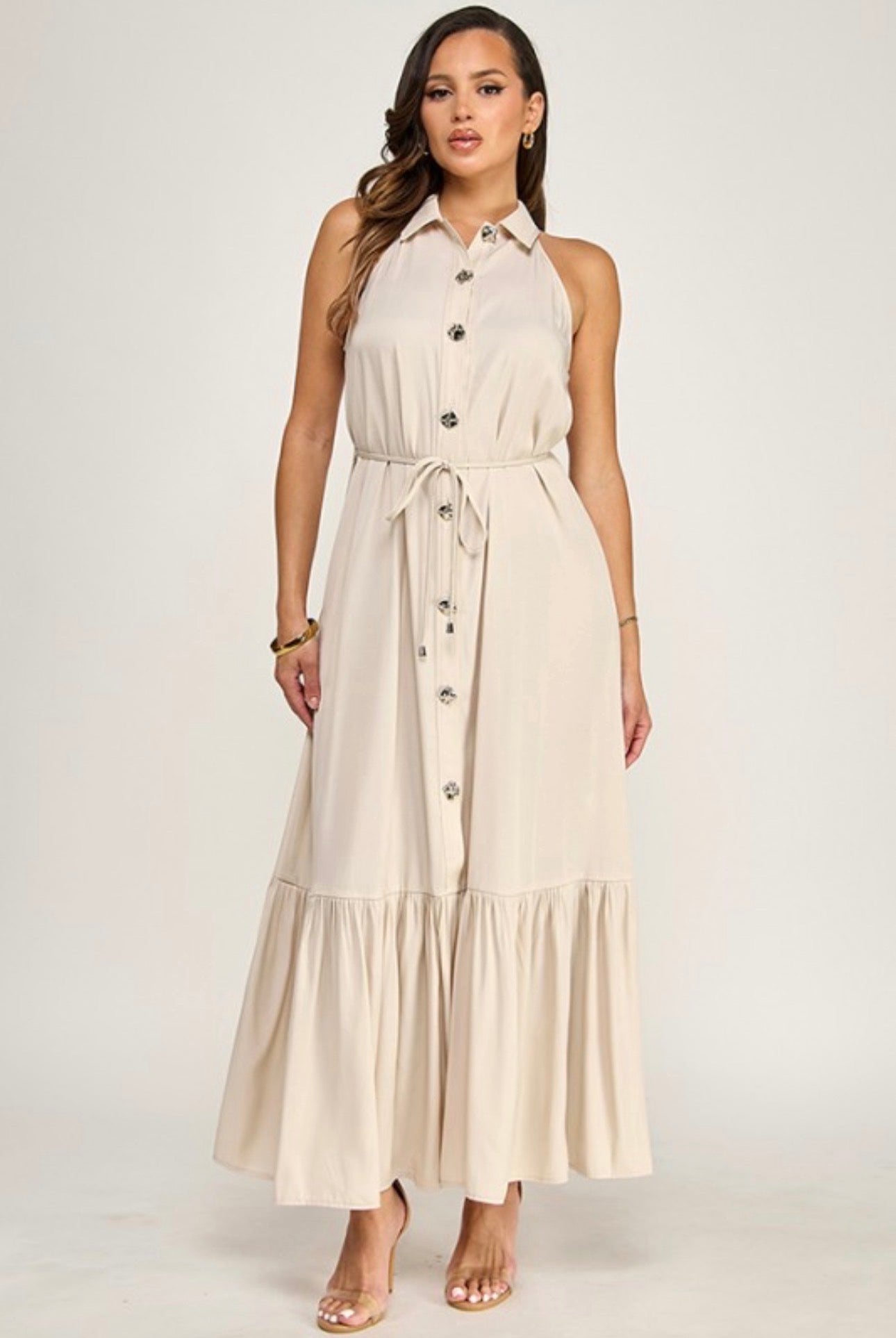 Sleeveless Collared Button Front Maxi Dress with Pleated Hem