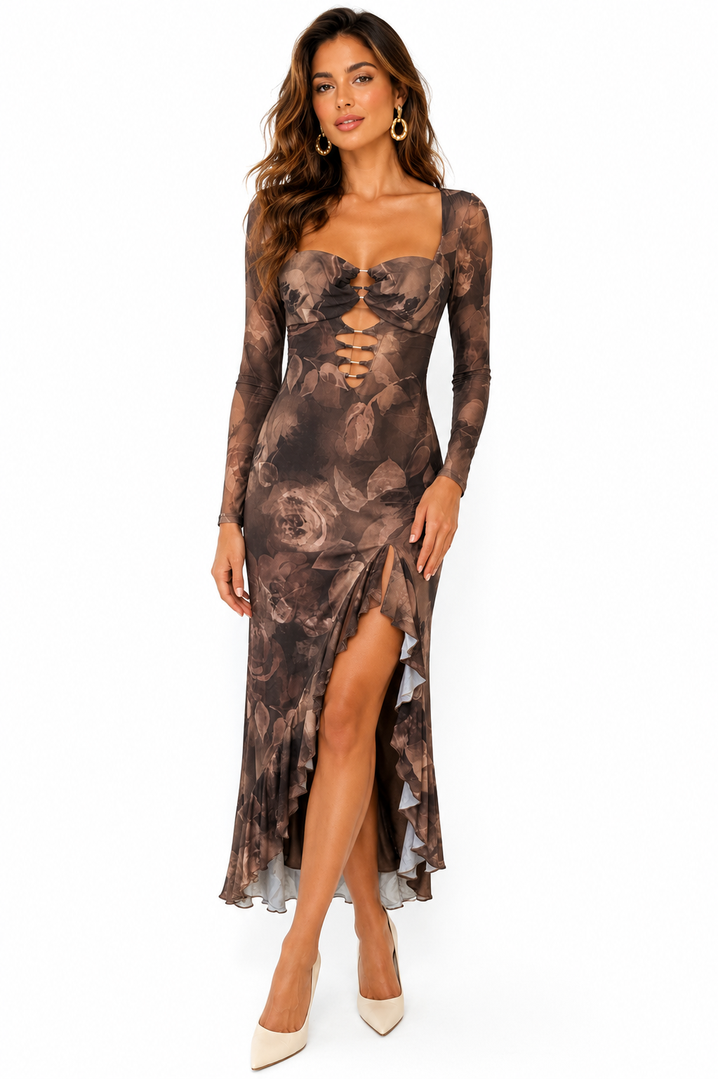 Dark Floral Mesh Long Sleeve Sweetheart Maxi Dress