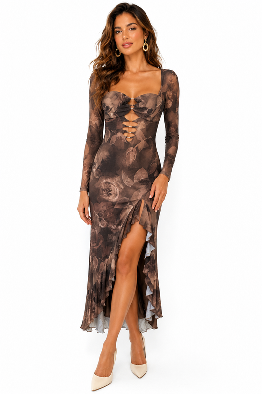 Dark Floral Mesh Long Sleeve Sweetheart Maxi Dress