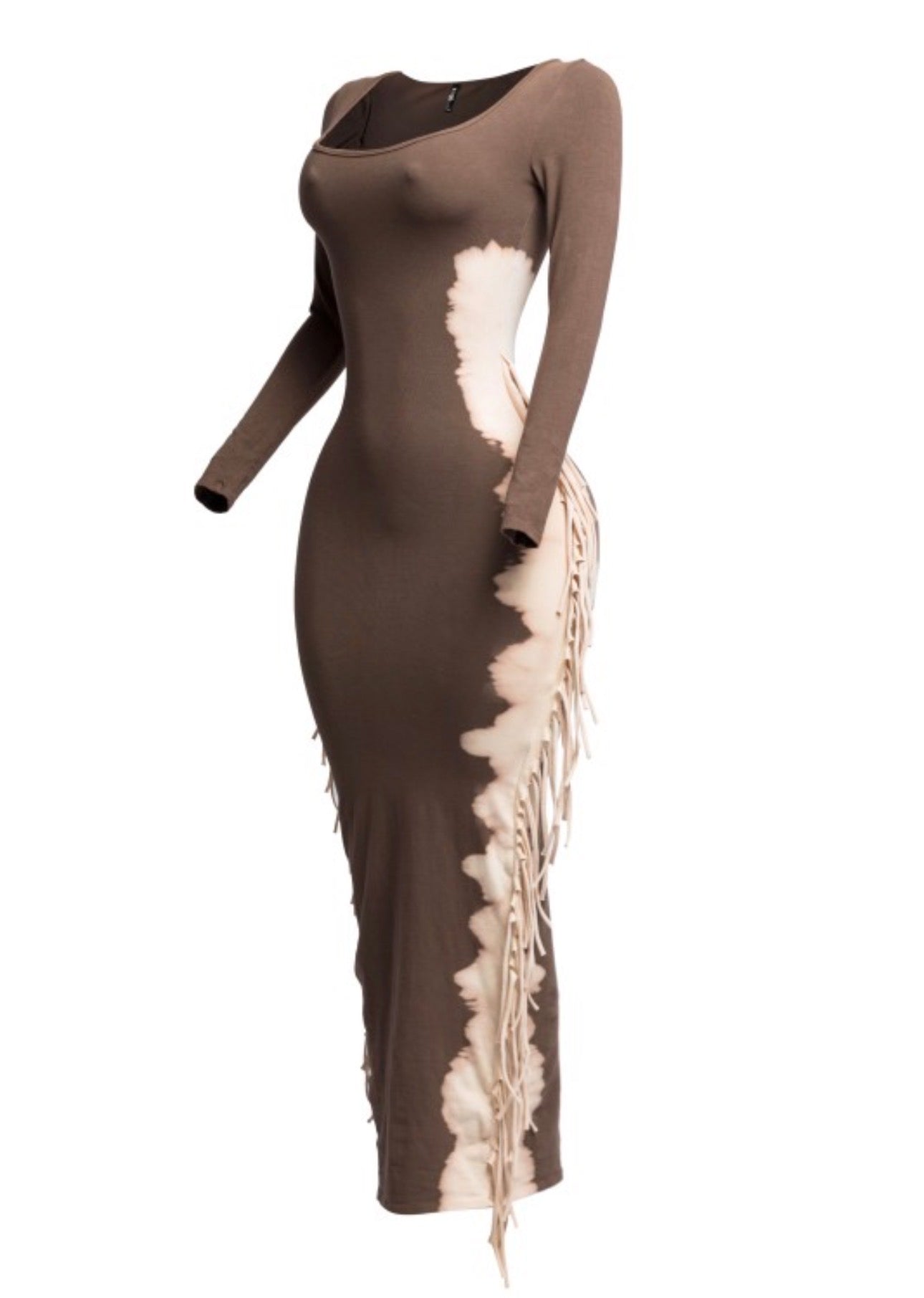 Fringe Bleach Scoop Neck Long Sleeve Maxi Dress
