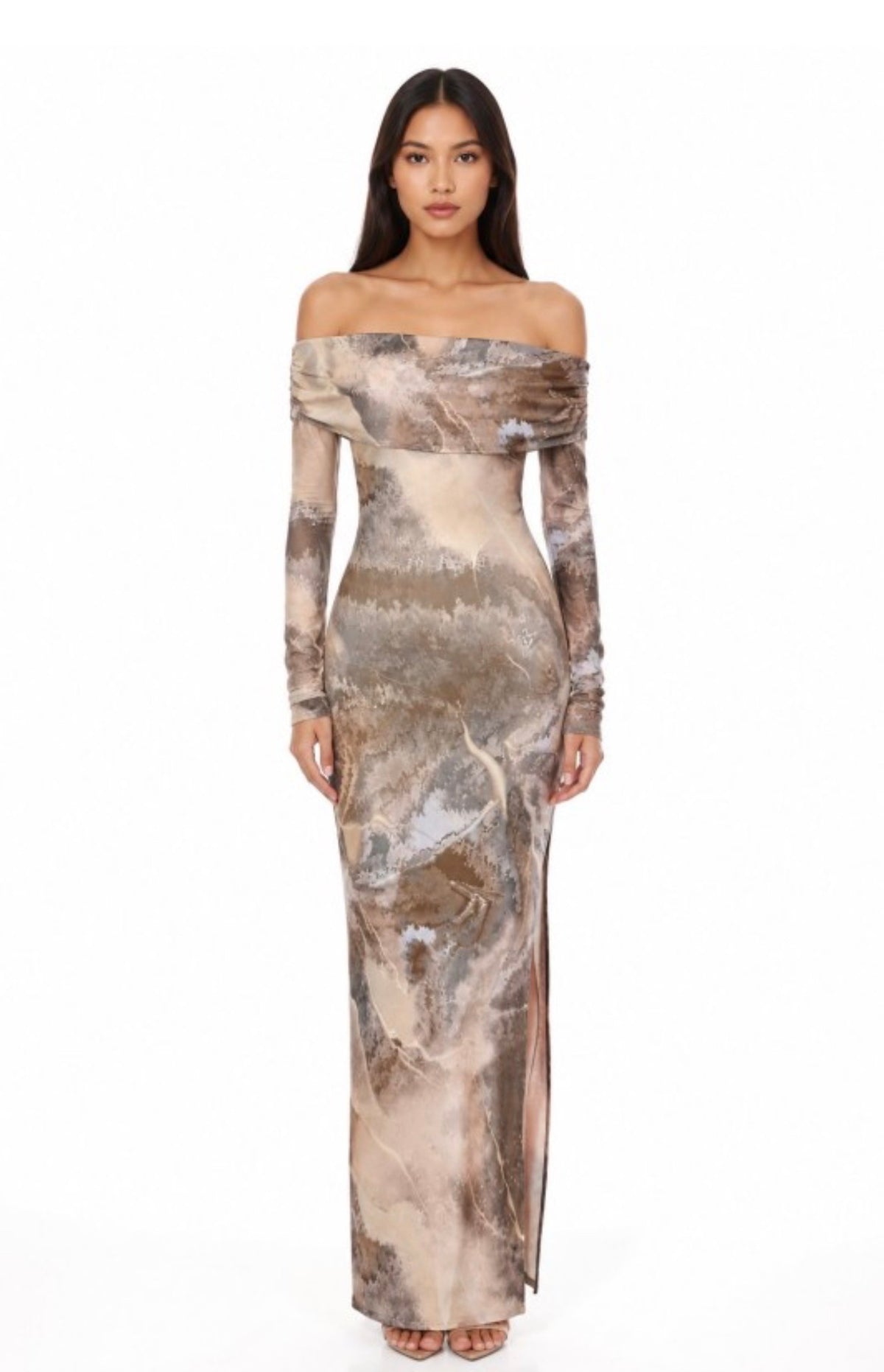 Mesh Nude Marble Off-the-Shoulder Long Sleeve Maxi Dress