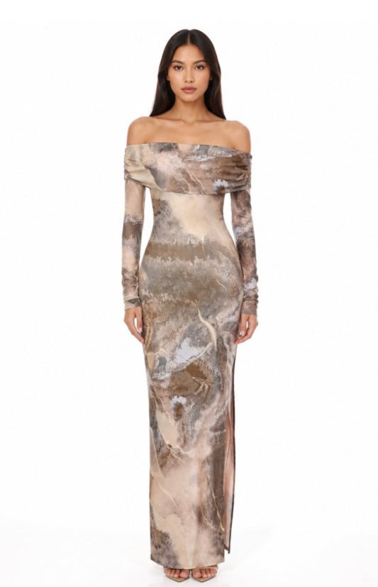 Mesh Nude Marble Off-the-Shoulder Long Sleeve Maxi Dress