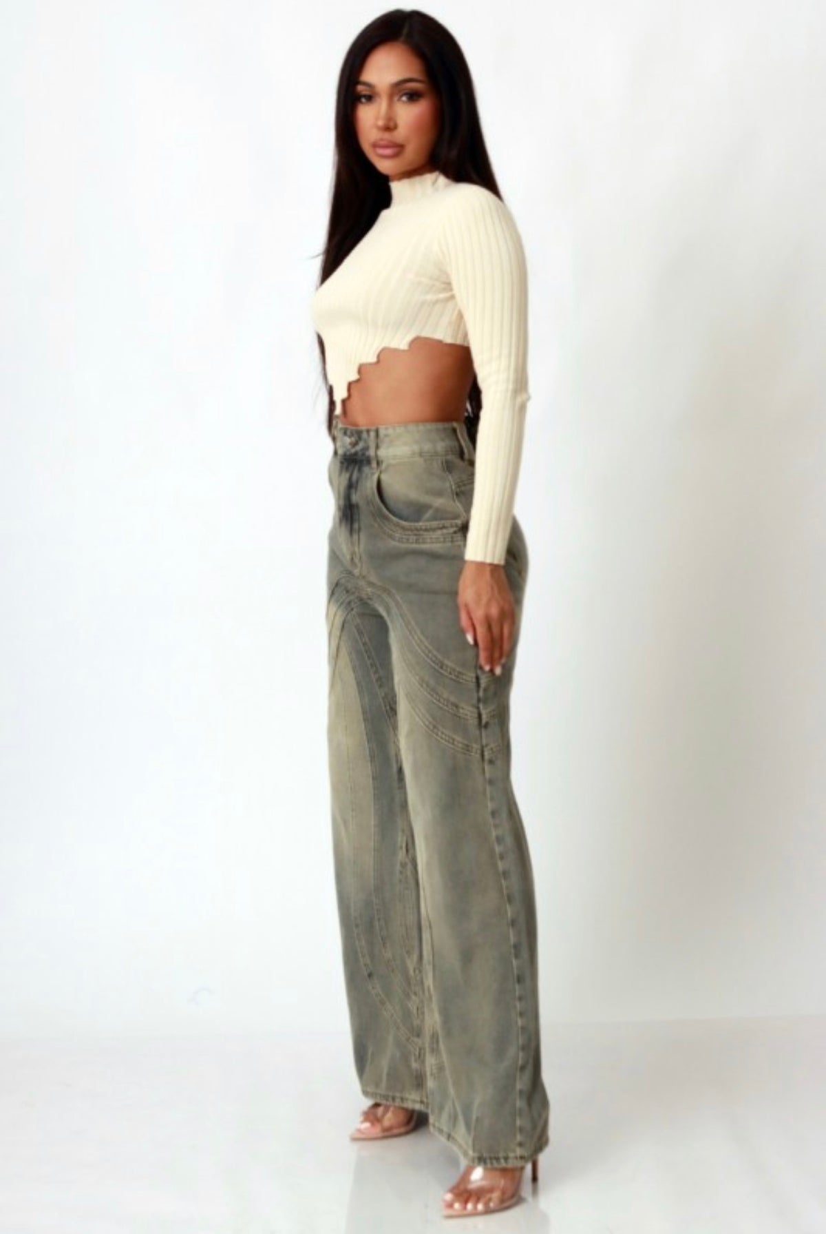 Wide Leg Light Acid Wash Curve Paneled Jeans