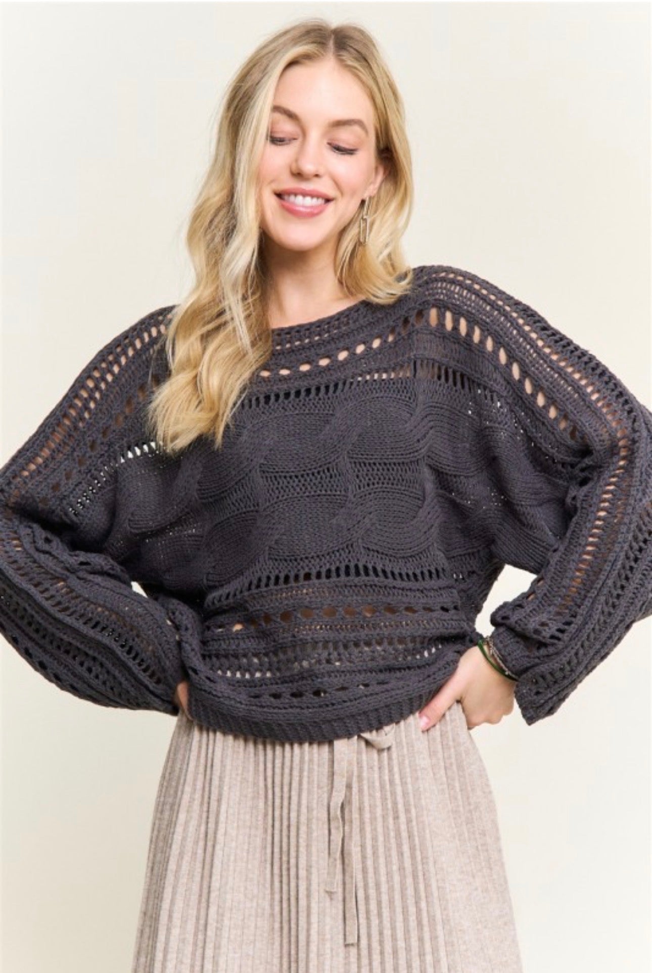 Cable Knit Openwork Long Sleeve Sweater