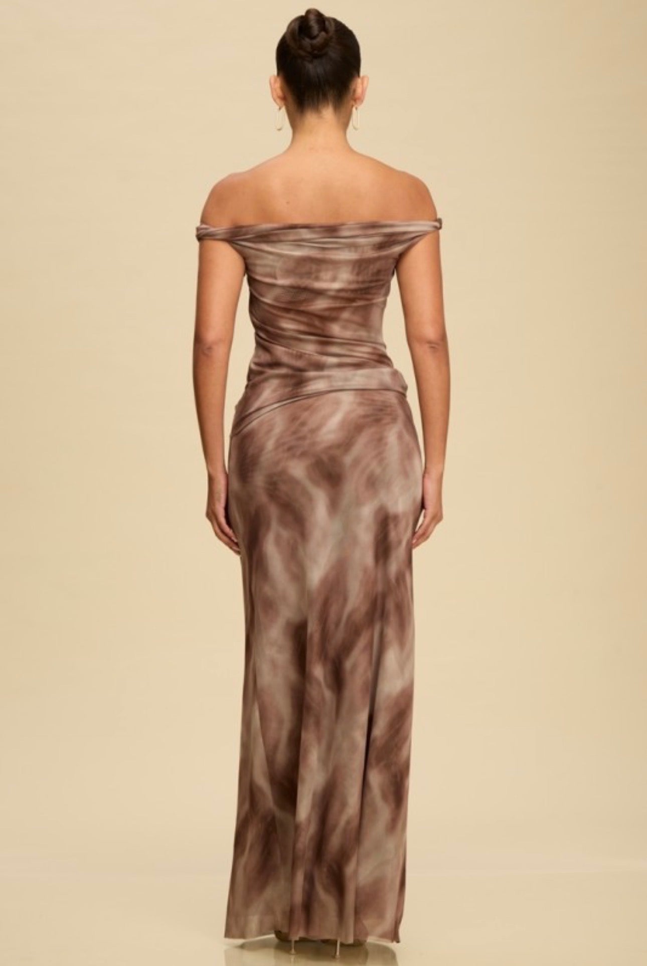 Brown Mesh Drape Asymmetrical Off-the-Shoulder Maxi