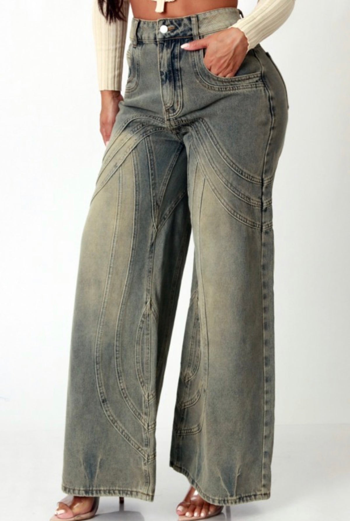 Wide Leg Light Acid Wash Curve Paneled Jeans