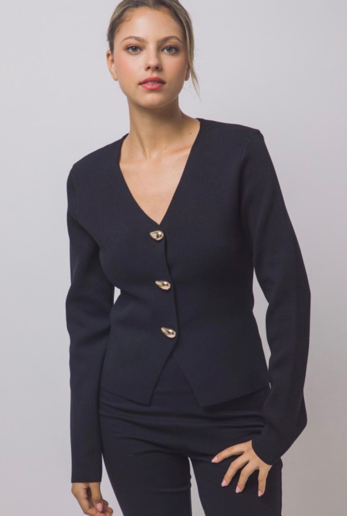 Split Front Ribbed Gold Button Front Cardigan