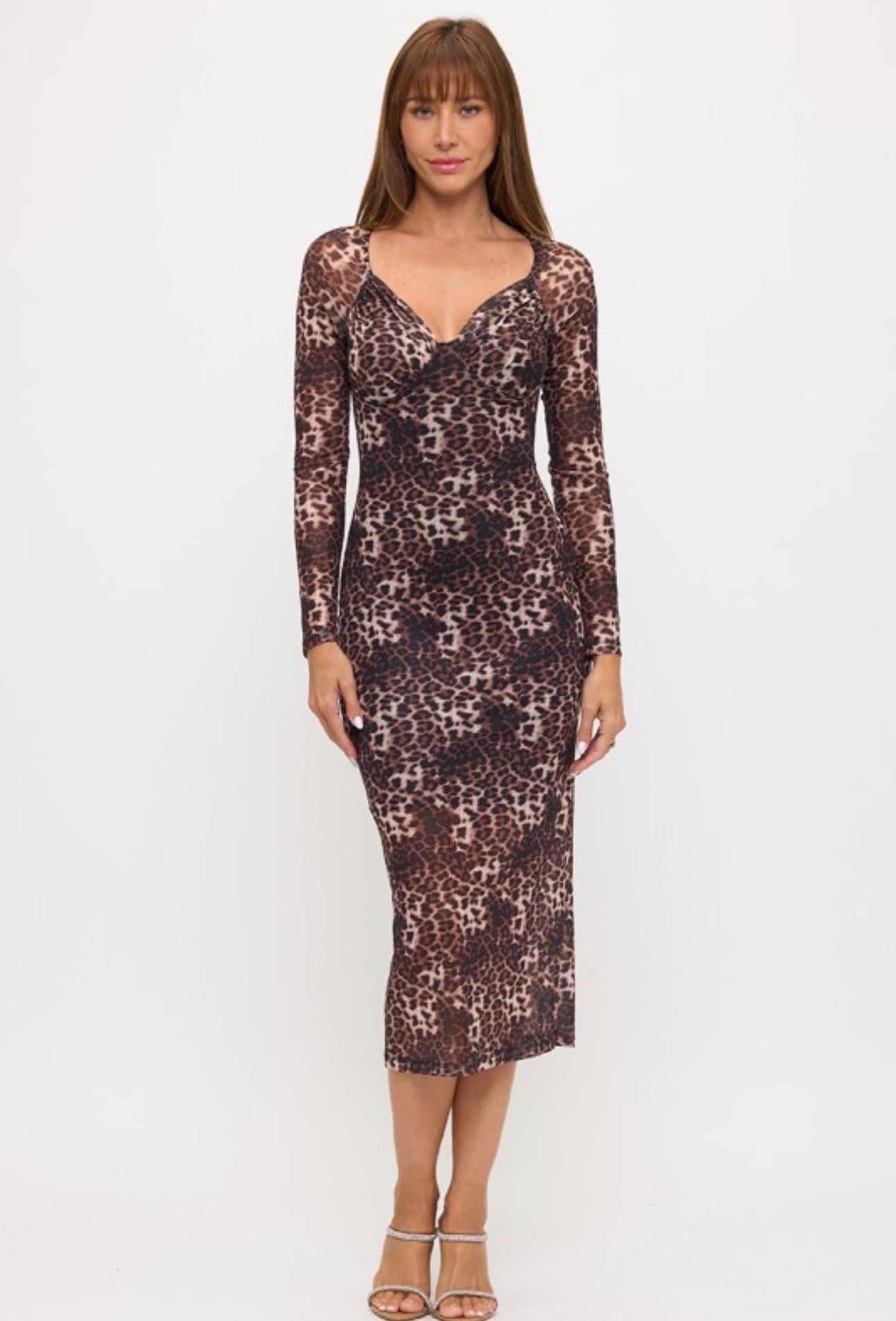 Sweetheart Leopard Mesh Long Sleeve Midi Dress