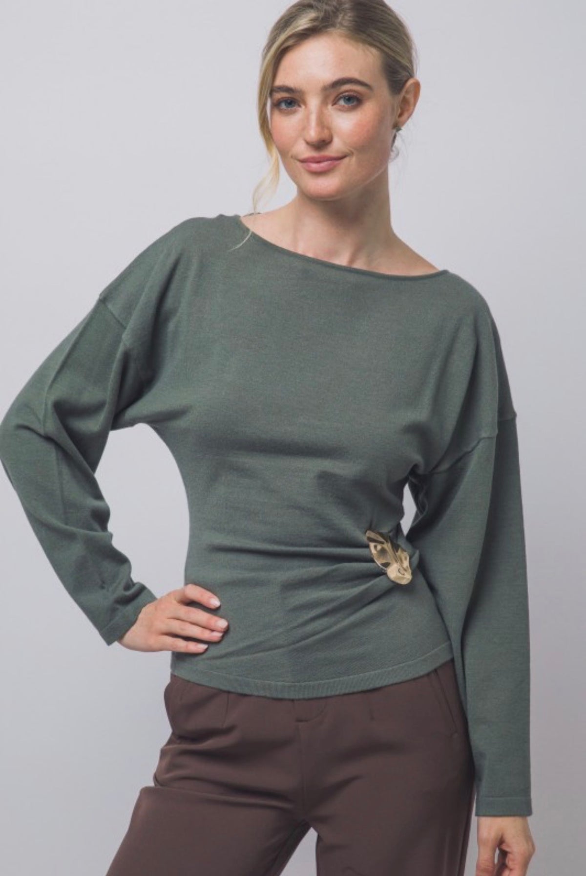 Boat Neck Long Sleeve Ruched with Gold Accent