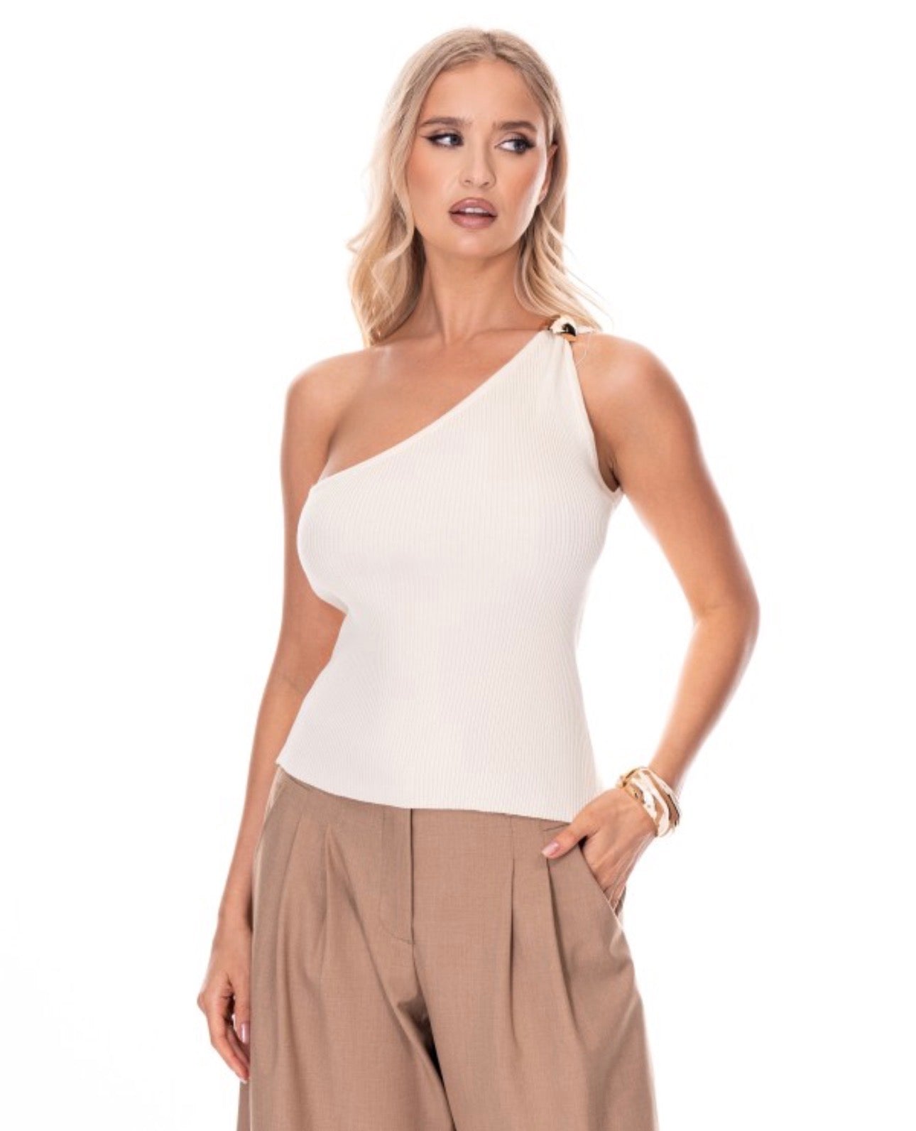 One-Shoulder Ribbed Knit Tank with Gold Accent