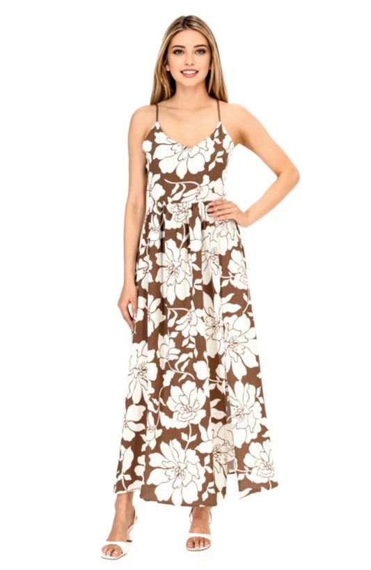 Neutral Floral Linen Open Back Tie Maxi Dress