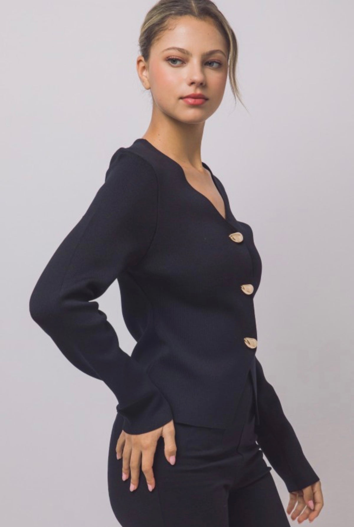 Split Front Ribbed Gold Button Front Cardigan