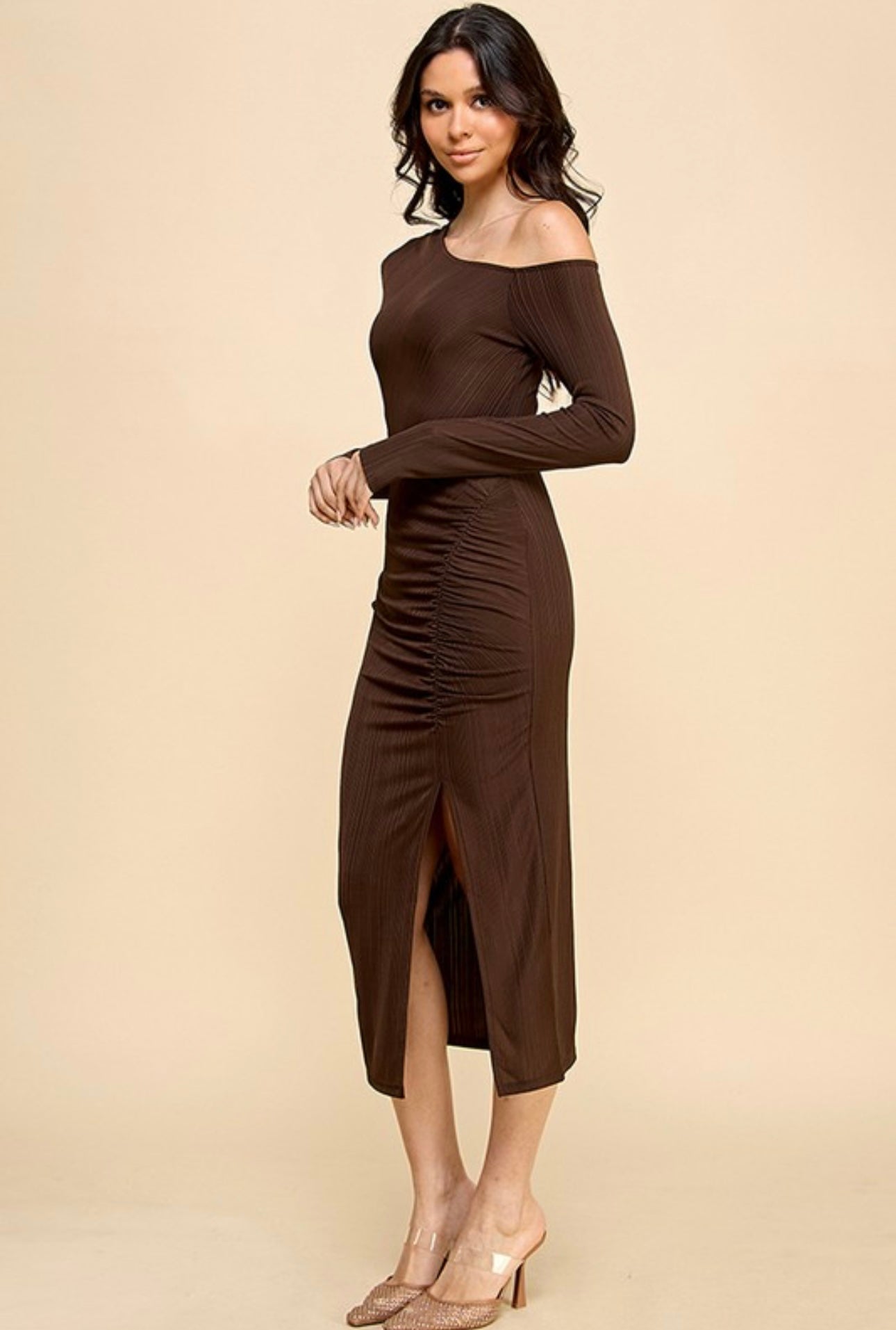 Off-Shoulder Scrunch Slit Dress with Long Sleeves
