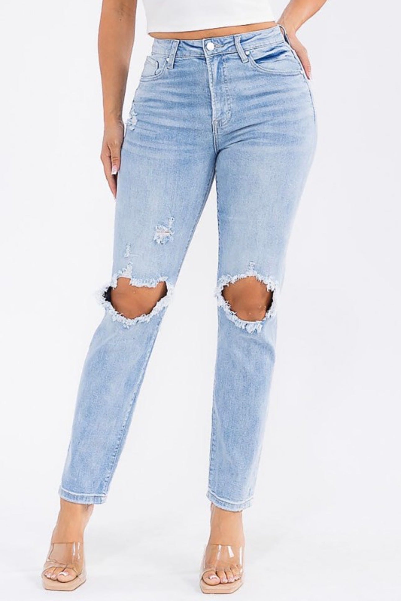 High Waist Distressed Knee Mom Jean