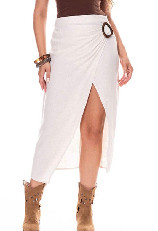 Linen Midi Skirt with Wooden Accent