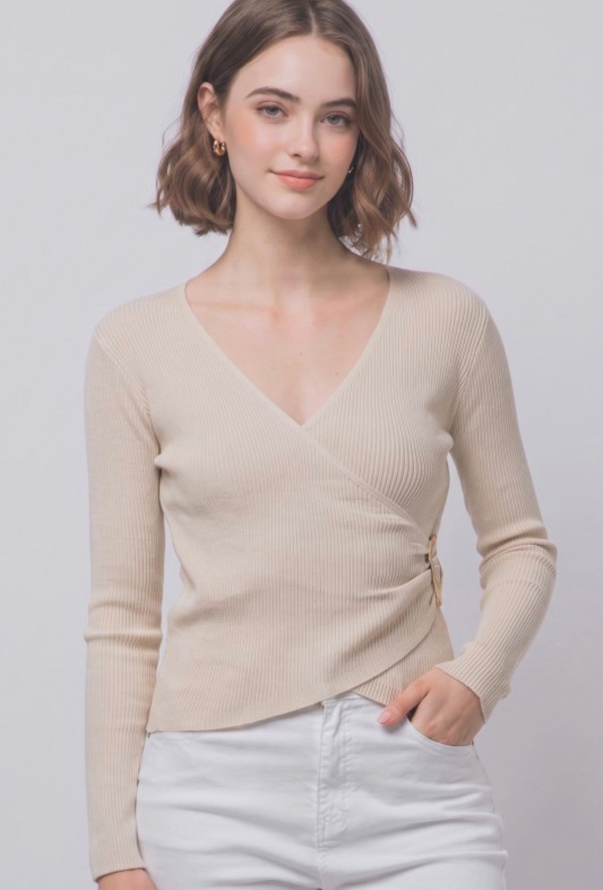 Rib Wrap V Neck Long Sleeve with Gold Accent