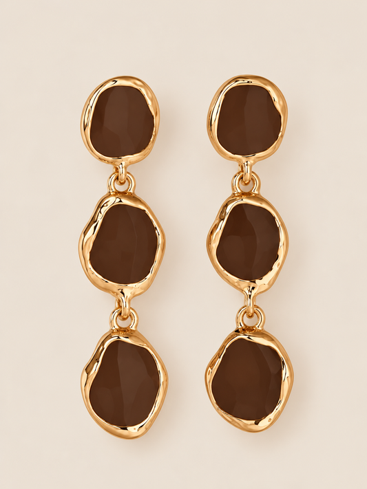 Brown Triple Drop Gold Earrings